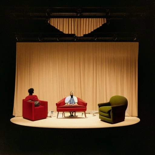 03473-4040191052-a stage set with a man and a woman standing on a stage in front of a couch and chairs, by Carrie Mae Weems.webp
